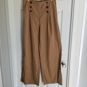 High-Waisted Tan Wide-Leg Pants With Tortoiseshell Button Detail - Yozy Size L (